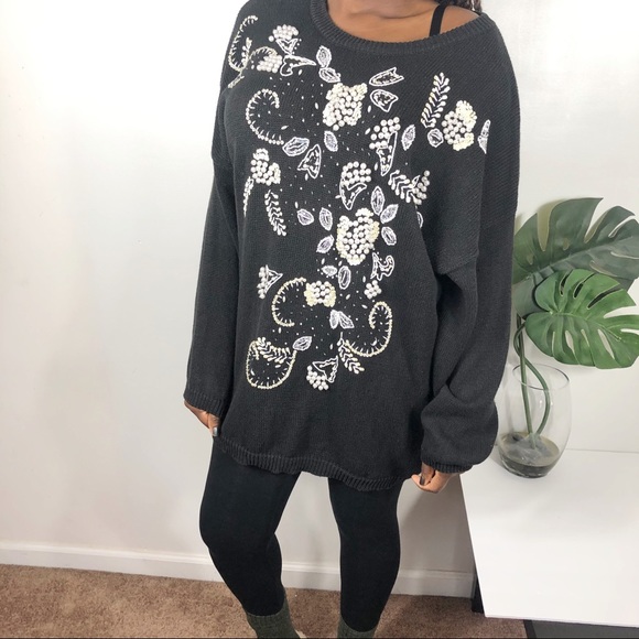 Vintage Sweaters - Vintage Oversized Embellished Sequin Pearl Sweater